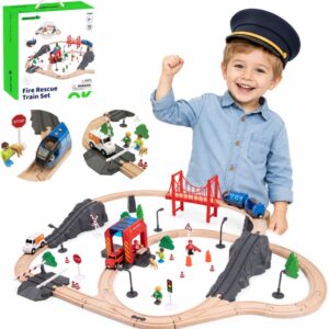 Tooky Toy Wooden Electric Train Fire Department Sound Effects 70 pcs FSC