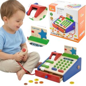 VIGA Wooden Cash Register with Montessori Scanner Accessories