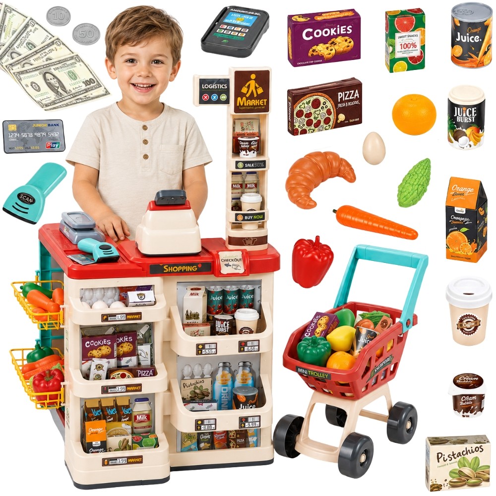 WOOPIE Supermarket Store with Shopping Cart Scale Cash Register Scanner + 48 Accs.