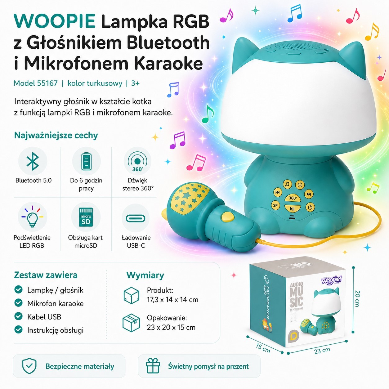 WOOPIE Multifunctional RGB Lamp Bluetooth Speaker Karaoke Voice Modulator SD Card AUX Turquoise - Slika 7