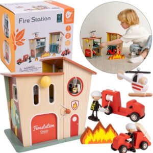 CLASSIC WORLD Wooden Fire Station Garage Car Helicopter Figures 13pcs.