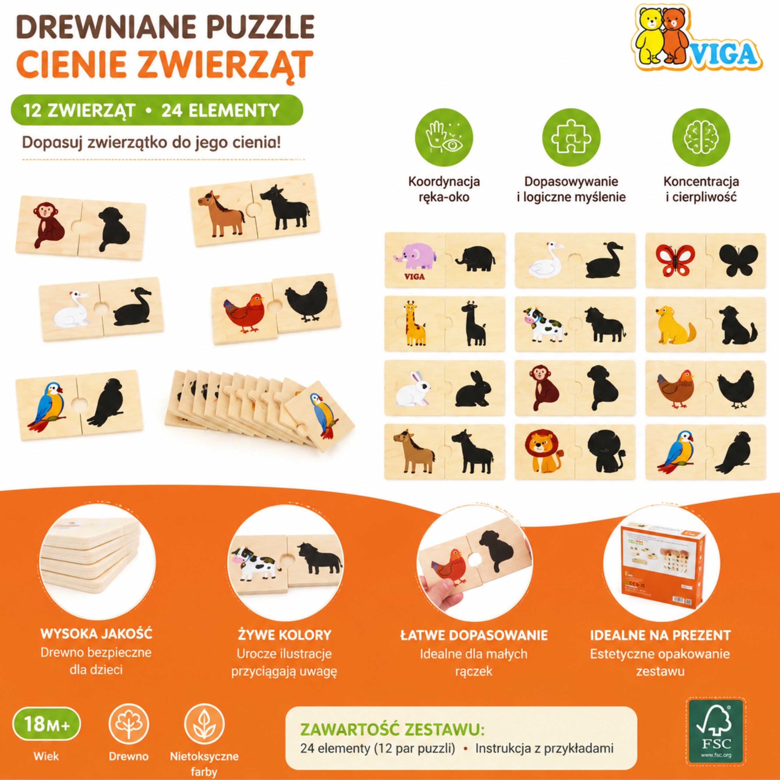 VIGA Wooden Puzzle Set Animal Match Shadow Puzzle - Slika 8