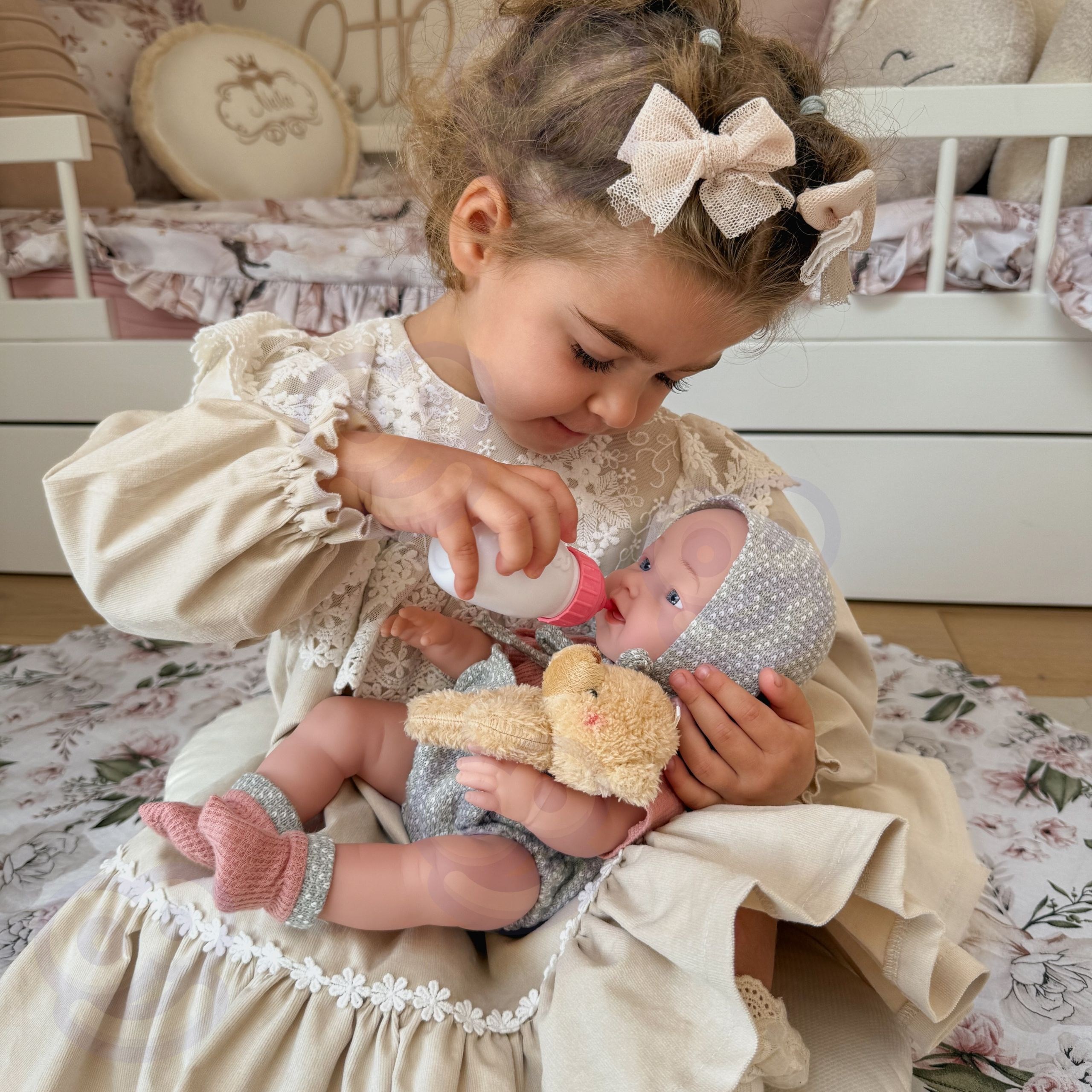WOOPIE ROYAL Baby Doll 36 cm in Teddy Bear Outfit Feeding Accessories - Slika 6