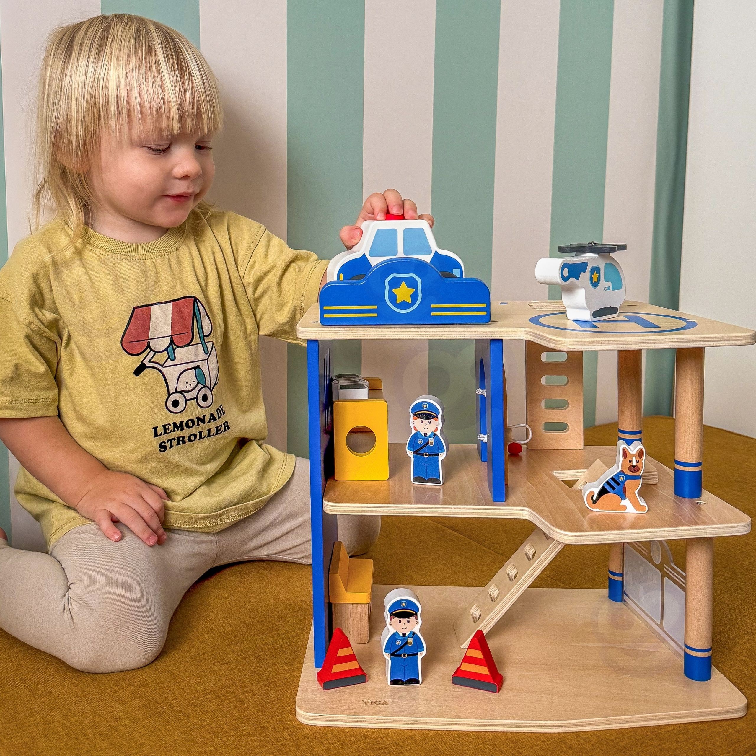 VIGA Wooden Police Station Police Car 3 levels 14 pieces - Slika 3