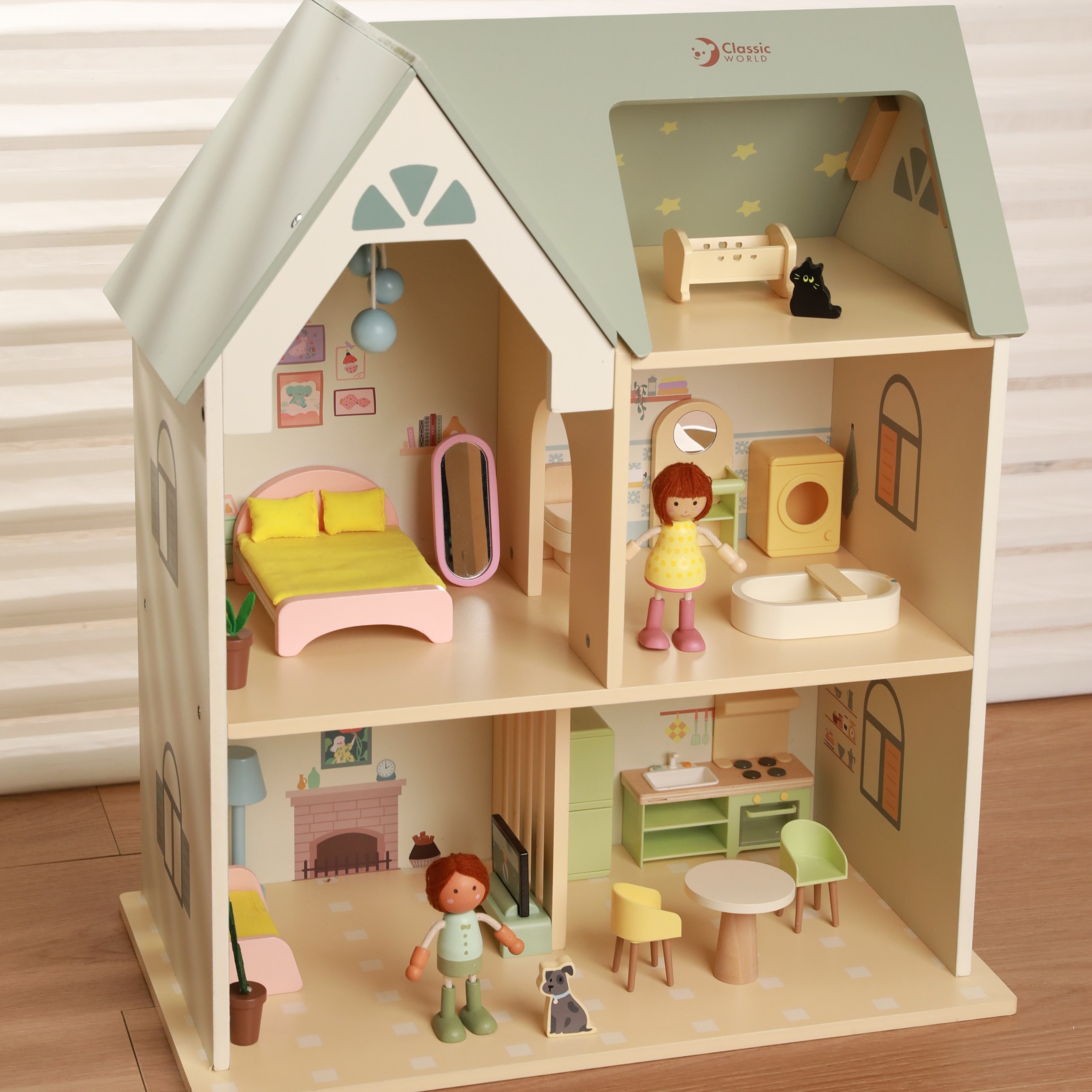 CLASSIC WORLD Large Wooden Dollhouse with Furniture - Slika 4