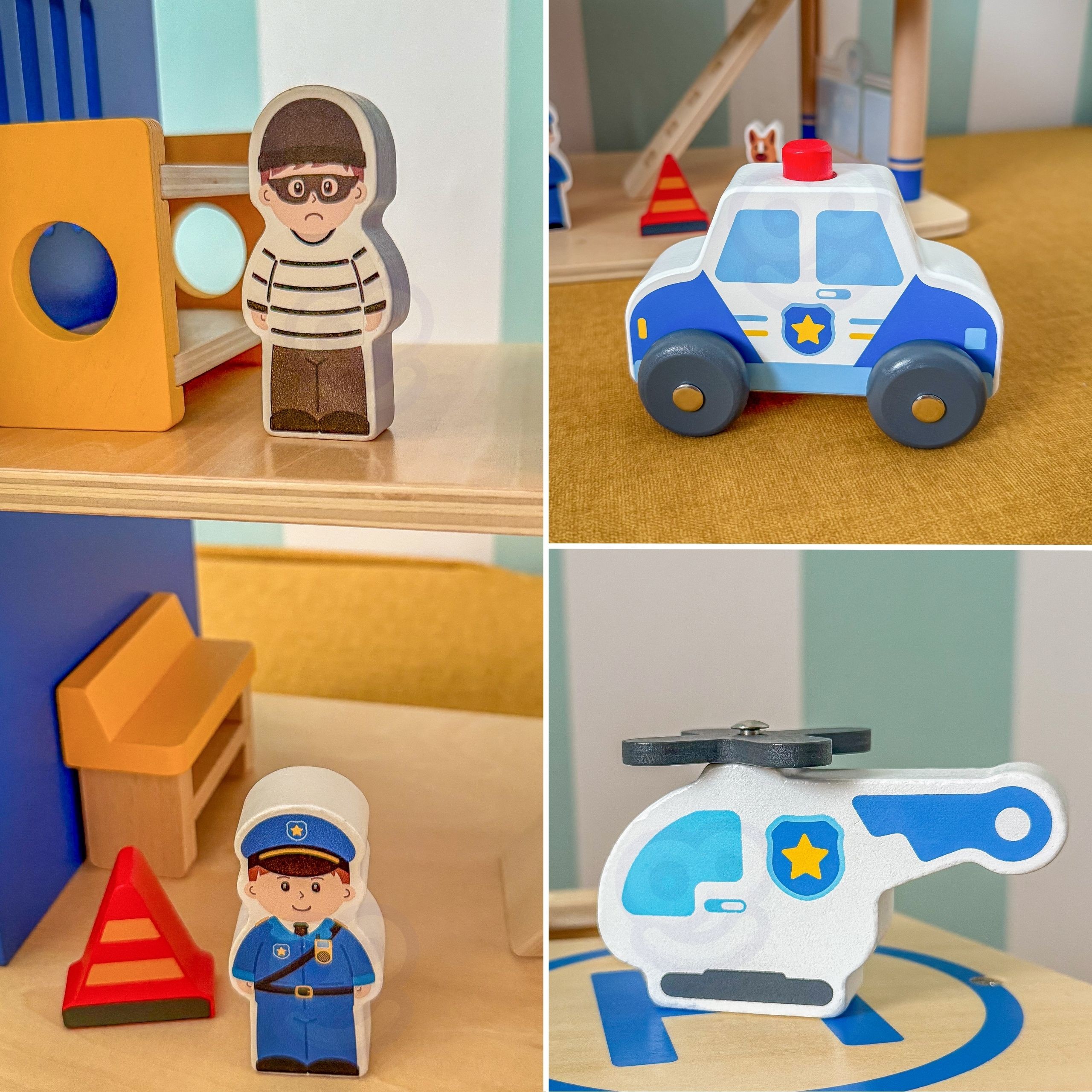 VIGA Wooden Police Station Police Car 3 levels 14 pieces - Slika 6