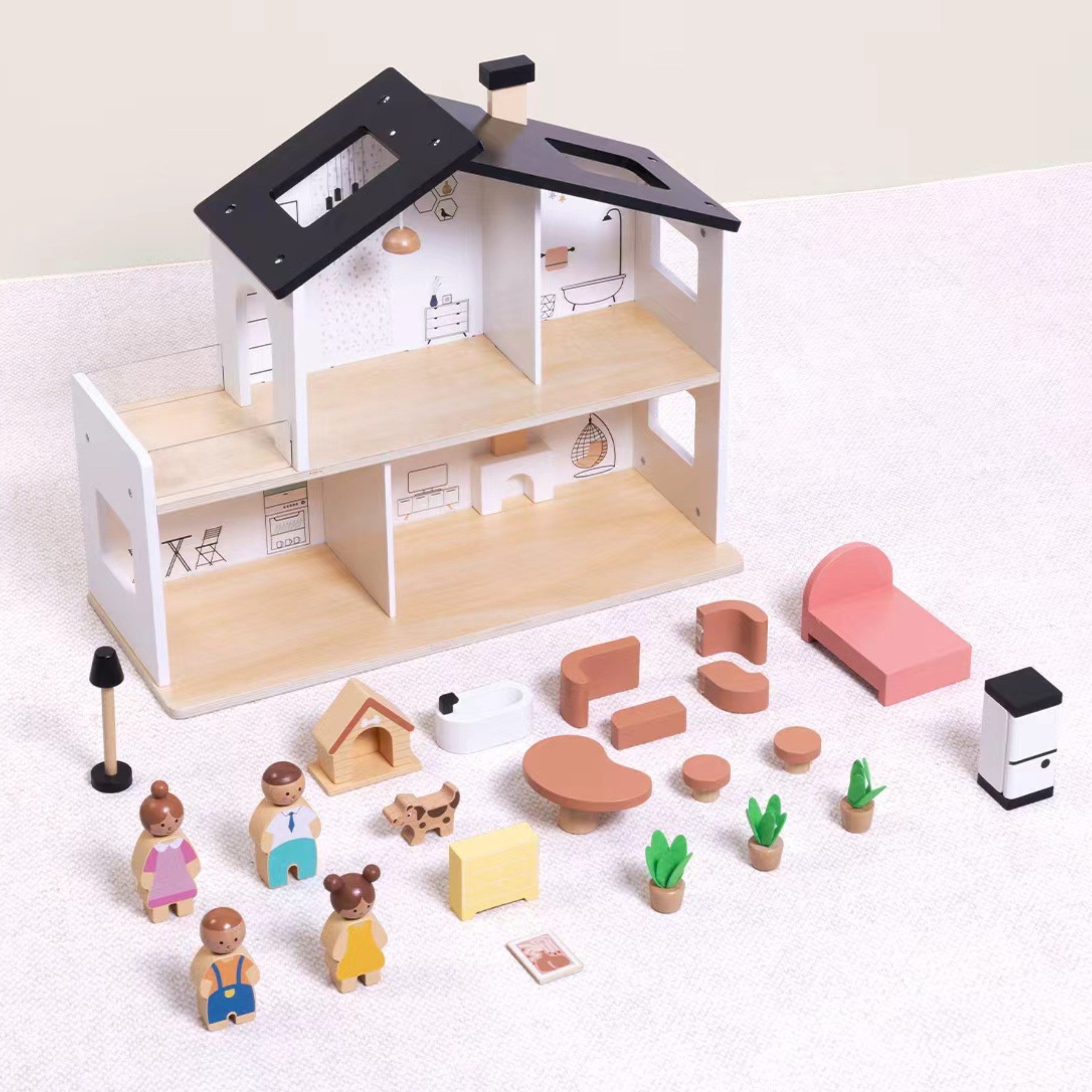 TOOKY TOY Wooden Dollhouse with Accessories and Family 20 pcs. - Slika 3