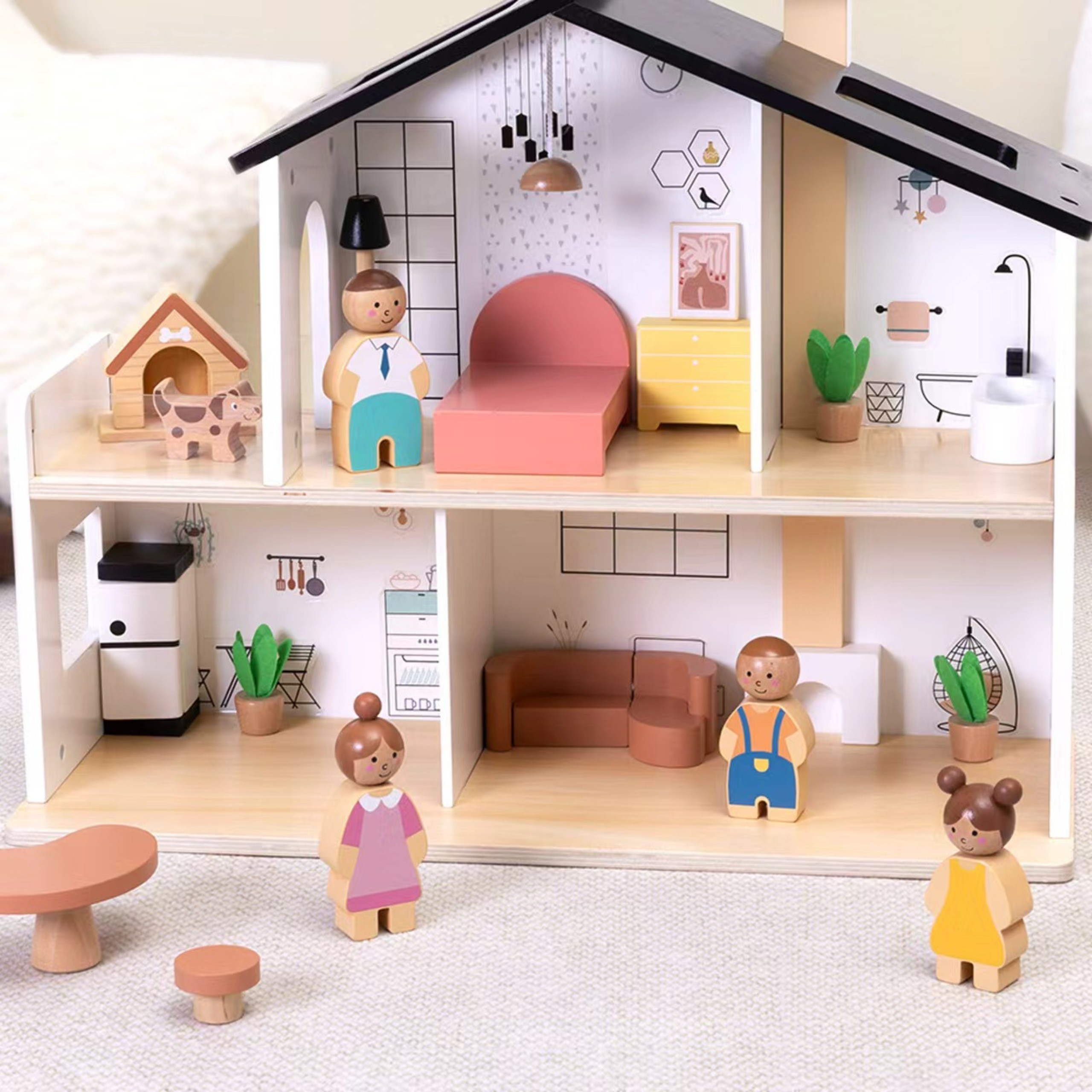 TOOKY TOY Wooden Dollhouse with Accessories and Family 20 pcs. - Slika 4