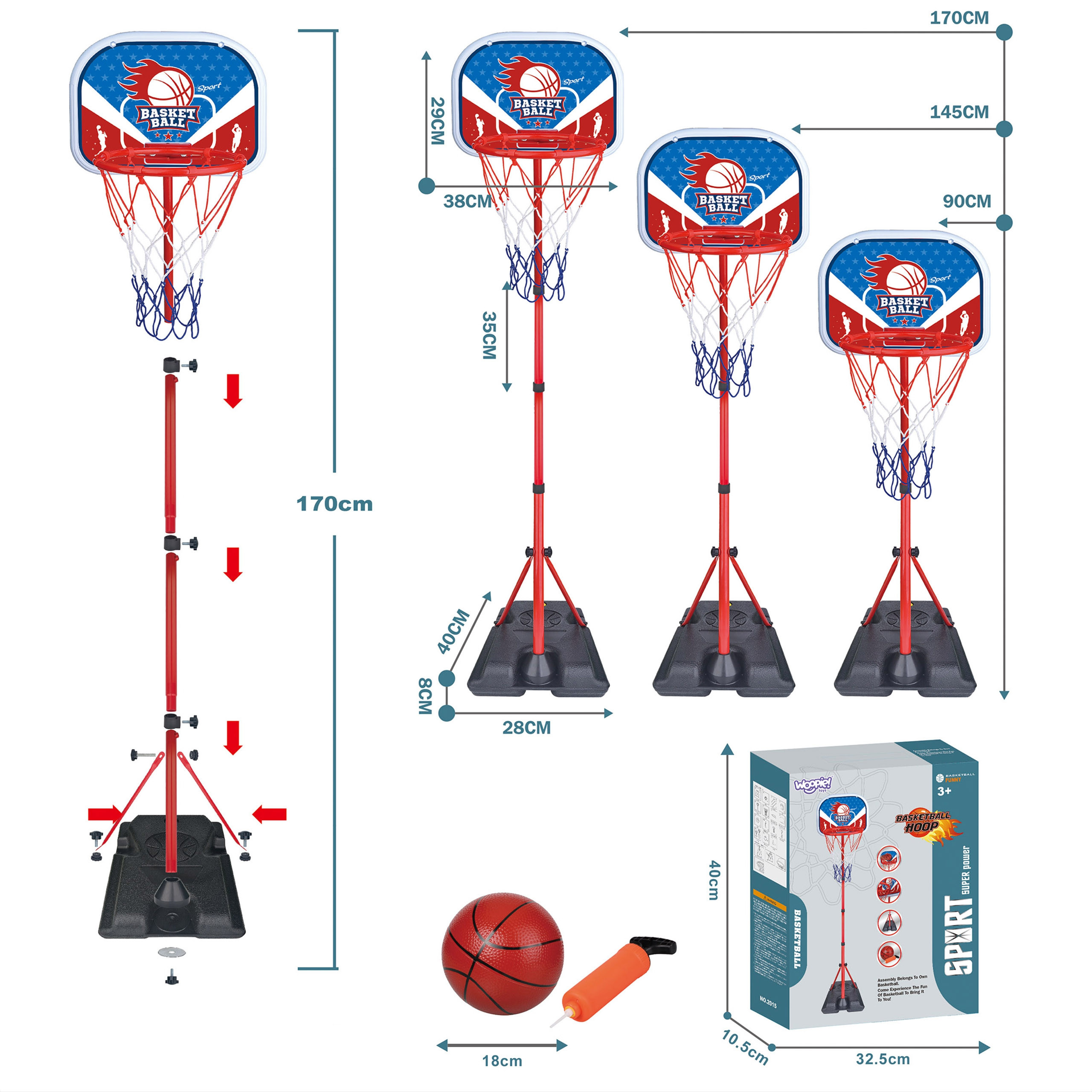 WOOPIE Freestanding Basketball Set Adjustable Height 90-170cm + Ball - Slika 7