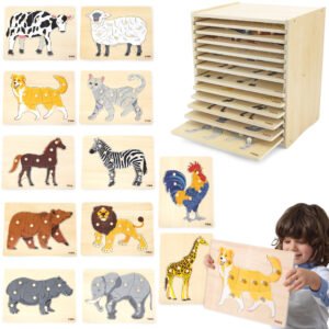 VIGA drvena slagalica set 12 Montessori životinja Puzzles + Stand