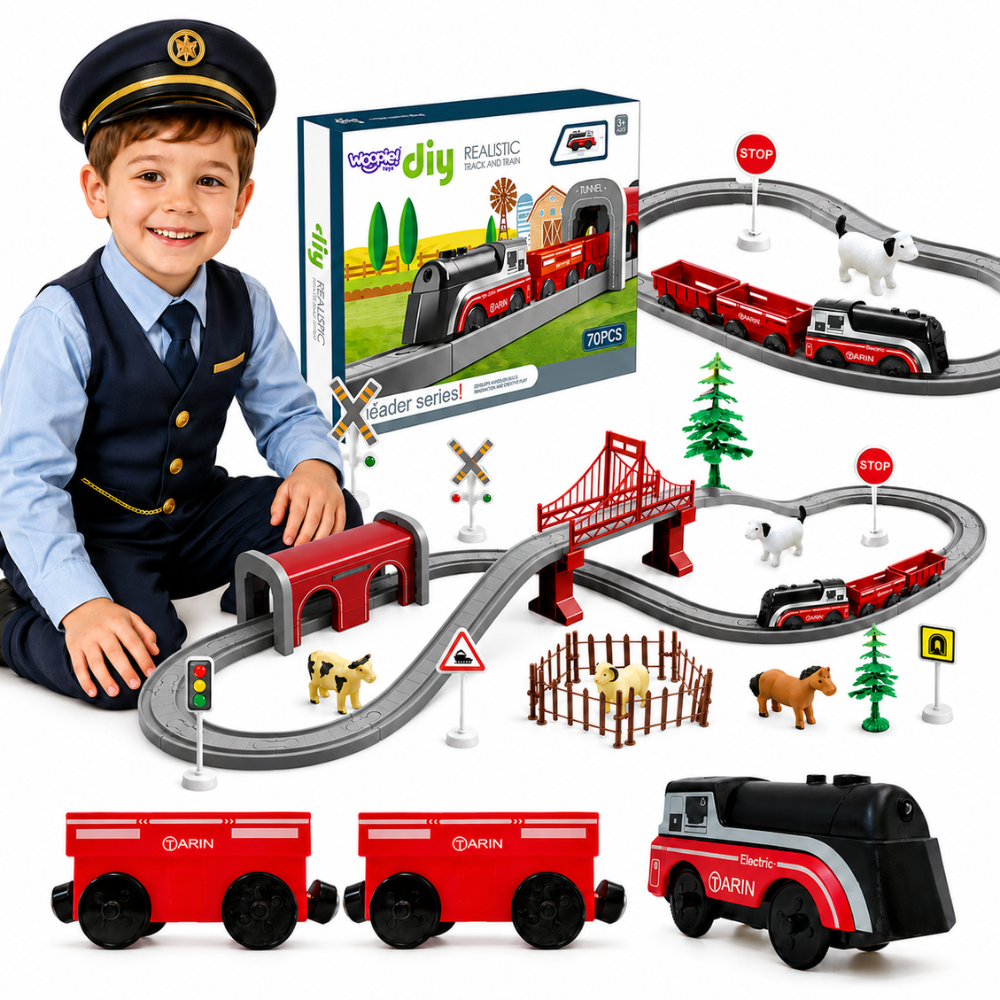 WOOPIE Electric Train Set Locomotive Track Farm Animals 70 pcs.