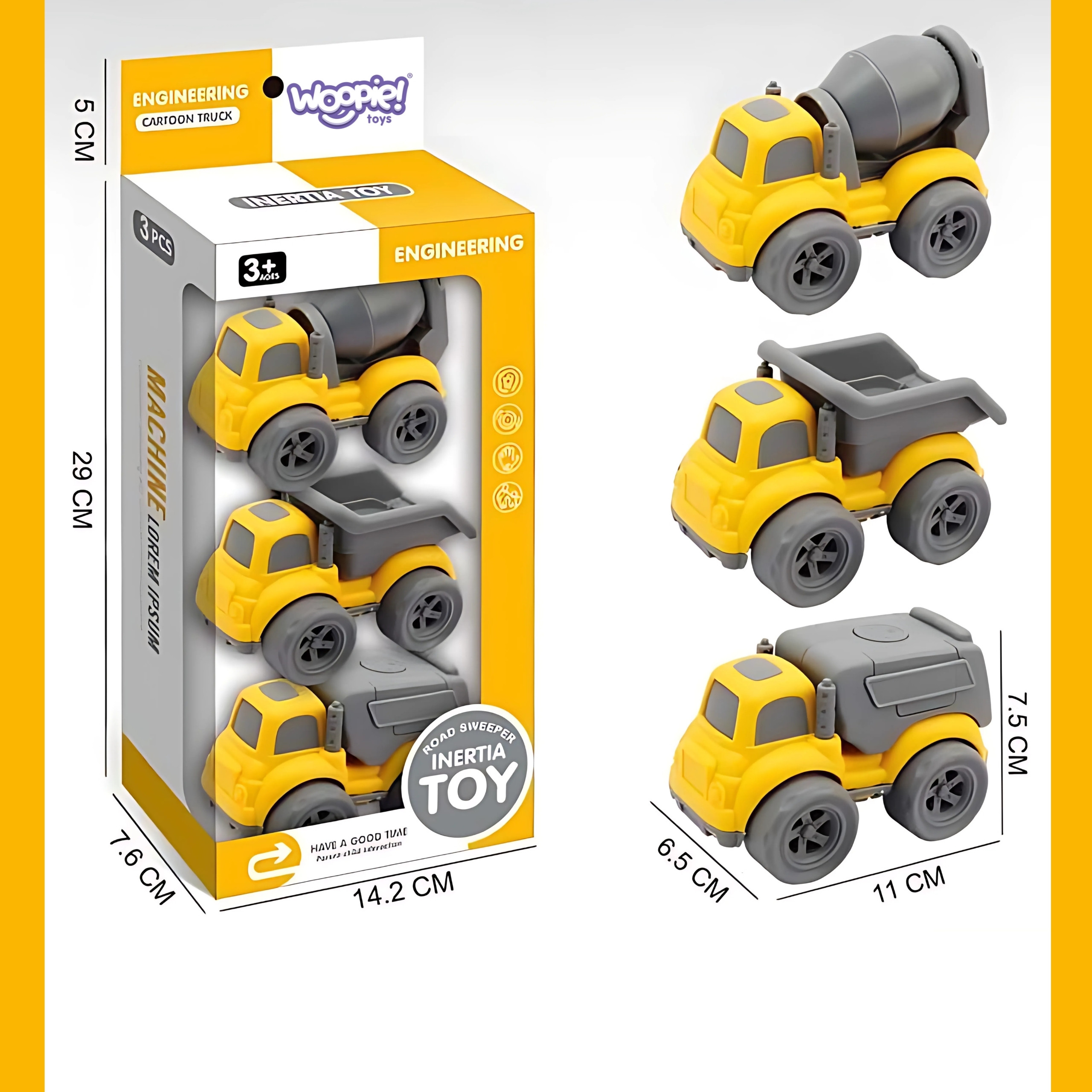 WOOPIE 3-in-1 Set Construction Vehicles Garbage Truck Concrete Mixer Dump Truck - Slika 6