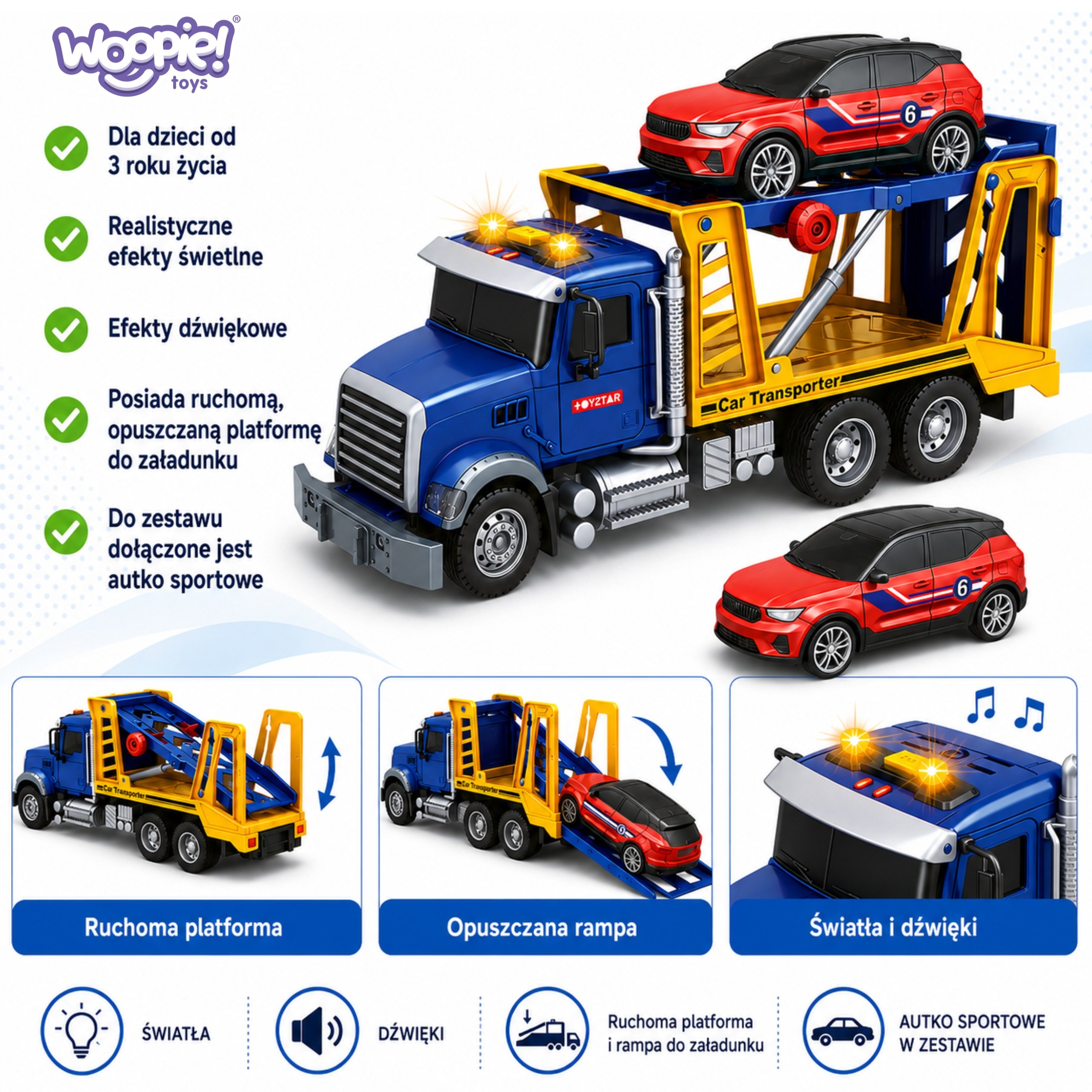 WOOPIE Tow Truck Transporter with Car Light Sound Scale 1:14 - Slika 3