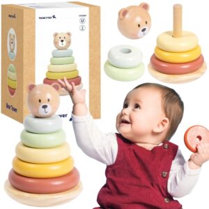 TOOKY TOY Wooden Sensory Puzzle Pyramid Teddy Bear Sensory Colorful Stacker