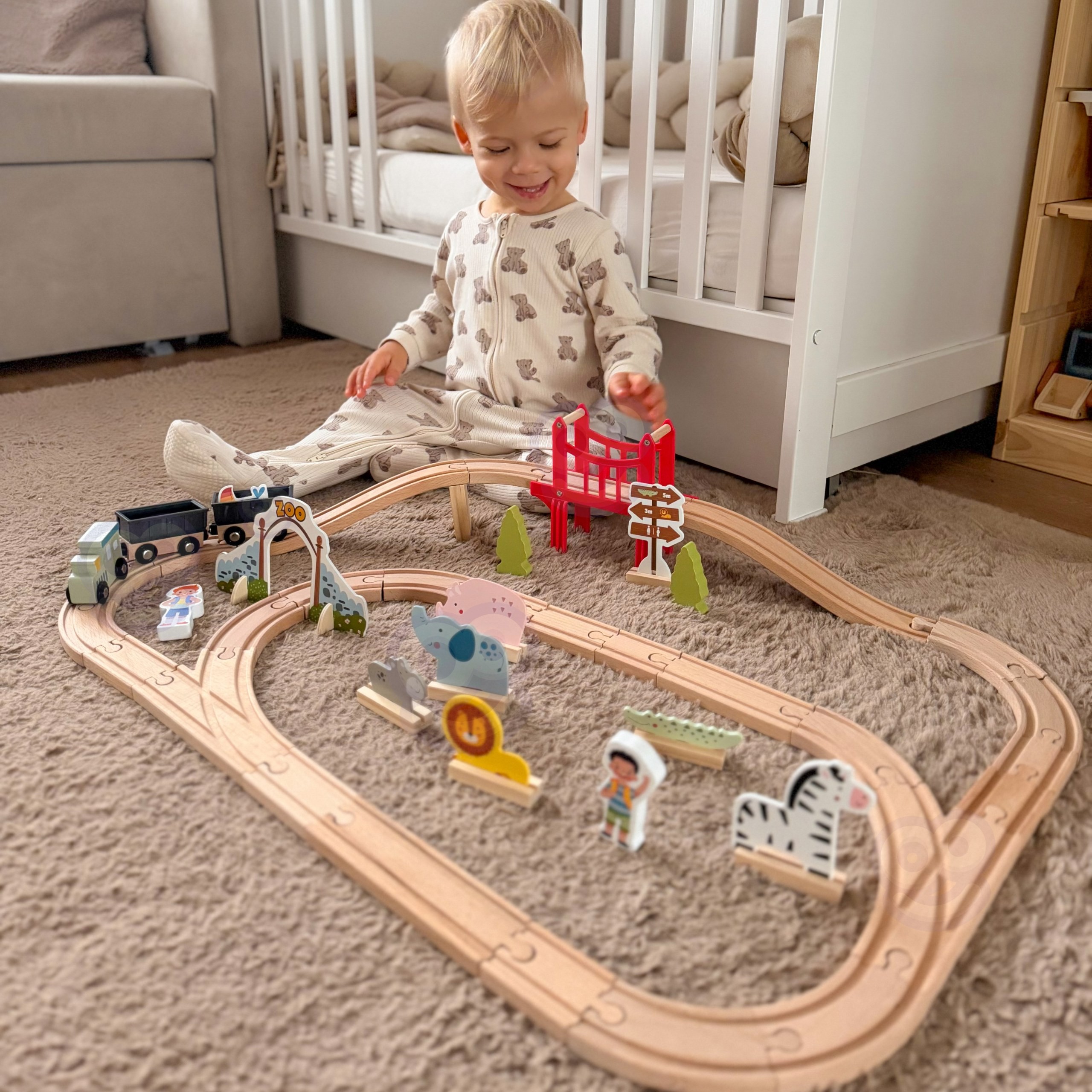 WOOPIE GREEN Wooden Zoo Train Set XL Magnetic Train Track 60 pcs FSC - Slika 8