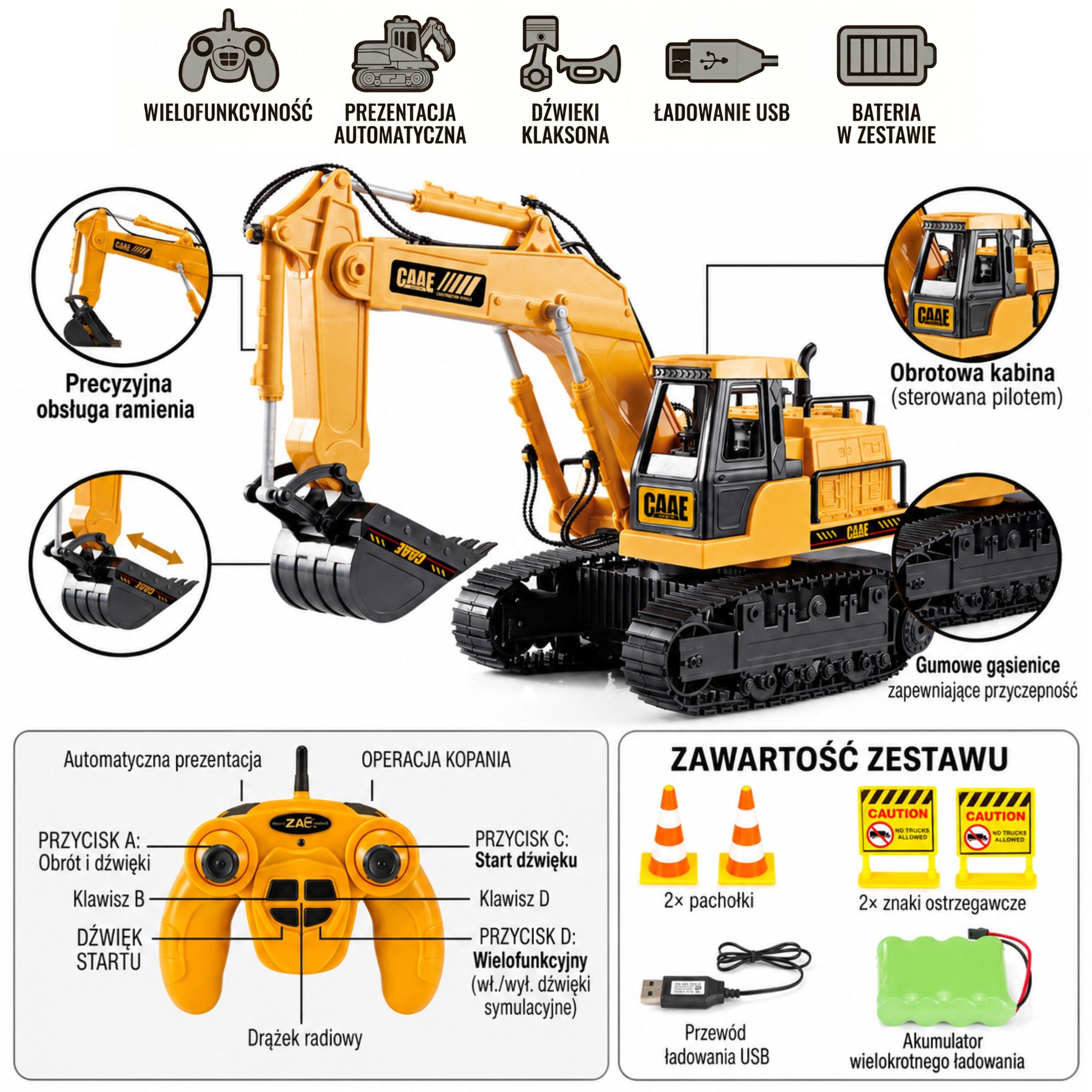 WOOPIE Large Remote Controlled Excavator on Tracks 7 Functions Sound + Acc. - Slika 6