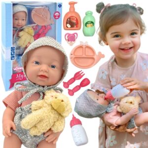 WOOPIE ROYAL Baby Doll 36 cm in Teddy Bear Outfit Feeding Accessories