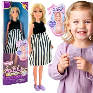 WOOPIE ROYAL Pregnant Lily Doll in Black and White Striped Dress