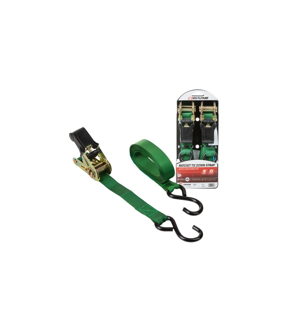 4CARS 2-pack set, Tie-Down Ratchet Strap with S-Hooks TUV GS - 16.4 ft (5 meters) long, 1 inch (25 mm) wide, rated for 150 kg - Slika 3