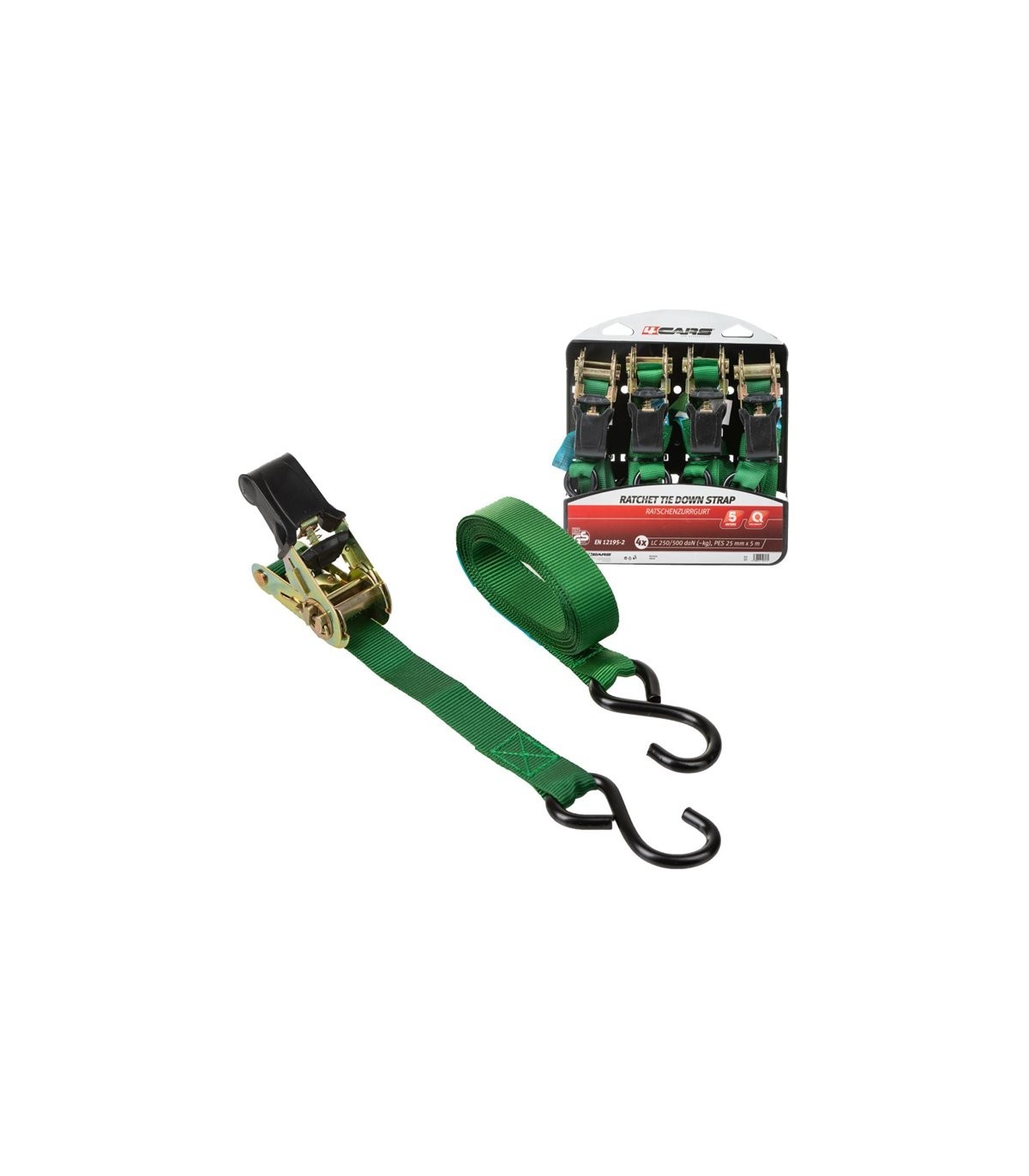4CARS 4-pack set, Tie-Down Ratchet Strap with S-Hooks TUV GS - 16.4 ft (5 meters) long, 1 inch (25 mm) wide, rated for 150 kg - Slika 3
