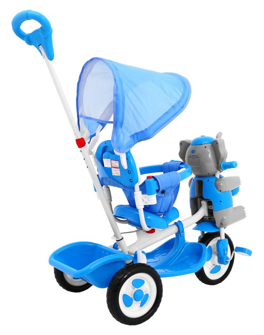 3-wheeled Blue Elephant Children's Bike + Sounds + Roof + Barrier + Footrest + Handle + Storage