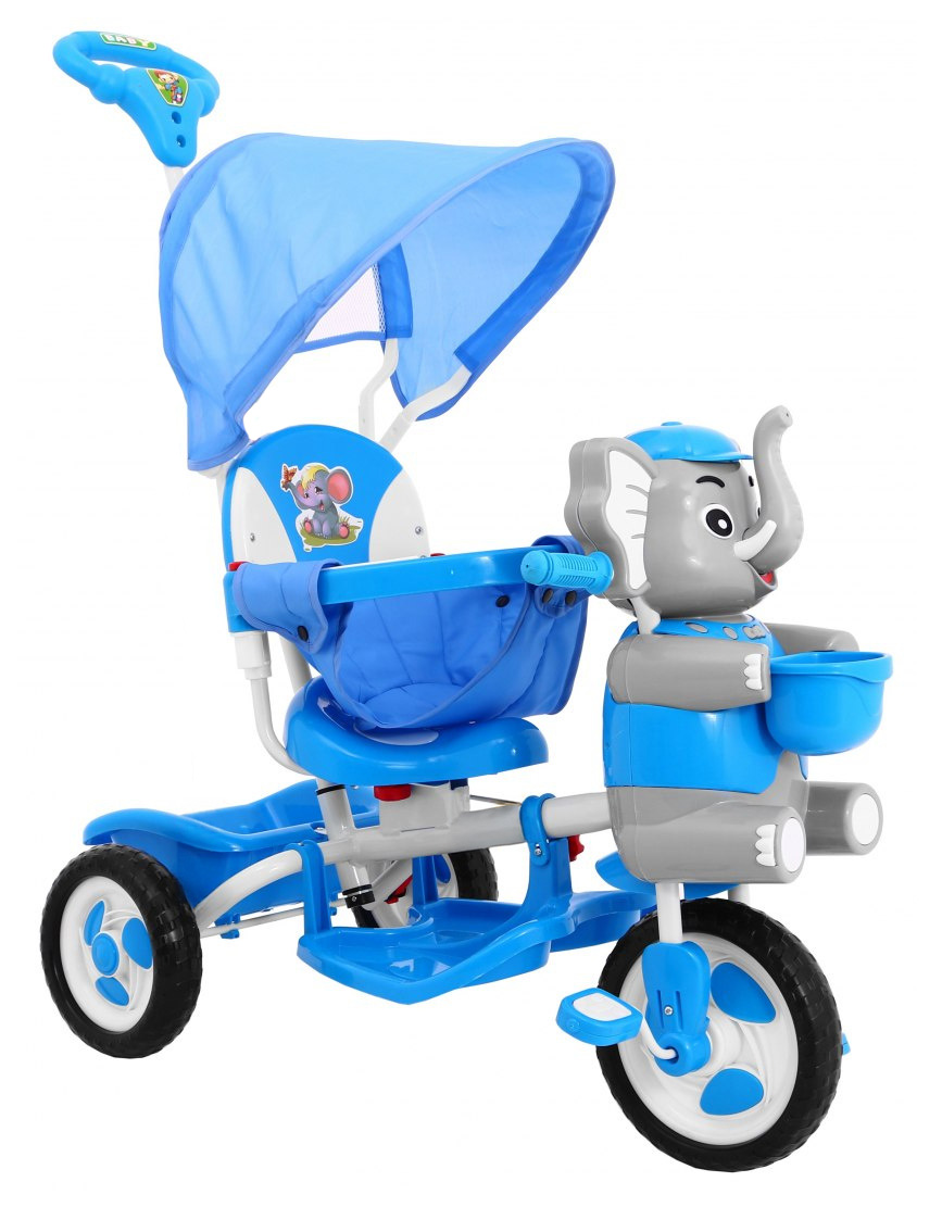 3-wheeled Blue Elephant Children's Bike + Sounds + Roof + Barrier + Footrest + Handle + Storage