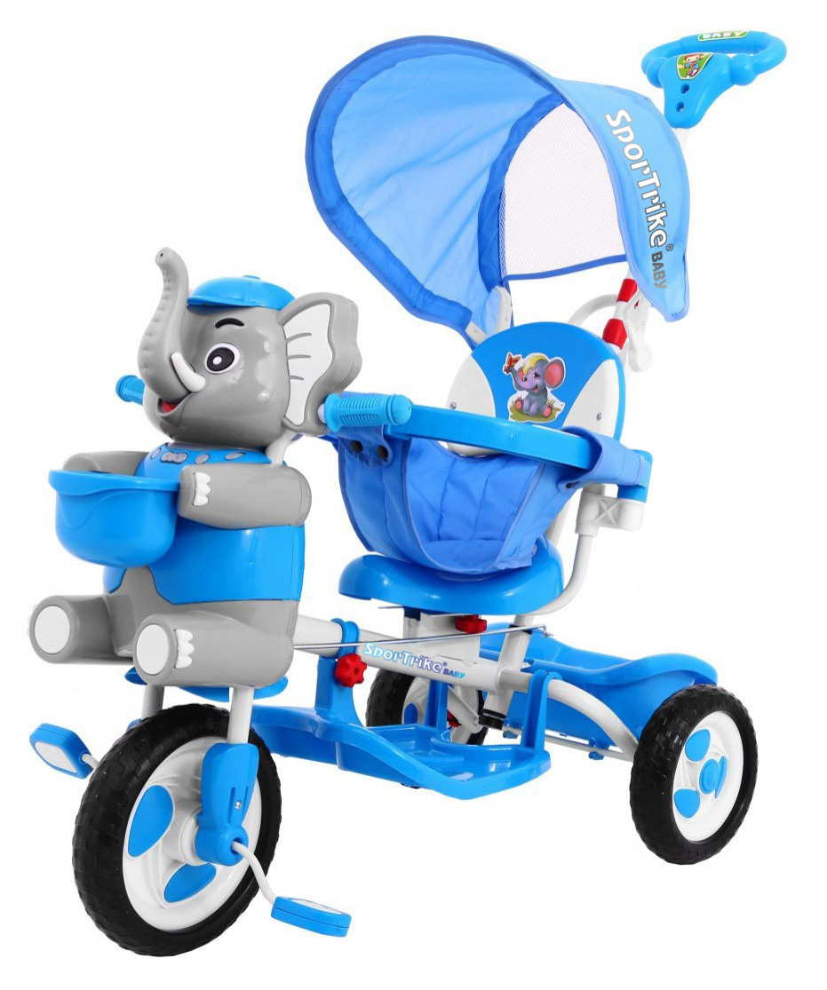 3-wheeled Blue Elephant Children's Bike + Sounds + Roof + Barrier + Footrest + Handle + Storage