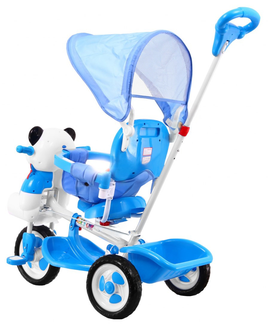 3-wheeled Panda Blue Children's Bike + Sounds + Roof + Barrier + Footrest + Handle + Storage
