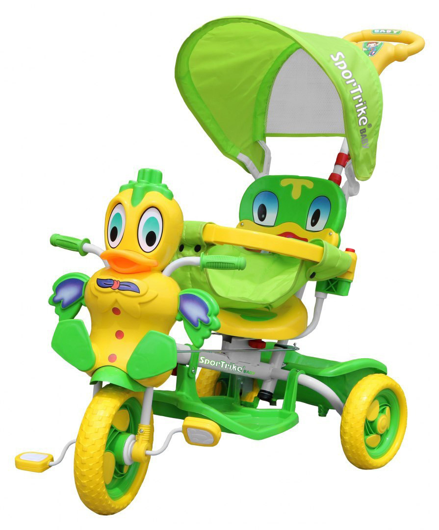 3-wheeled Green Duck Children's Bike + Sounds + Roof + Barrier + Footrest + Handle + Storage