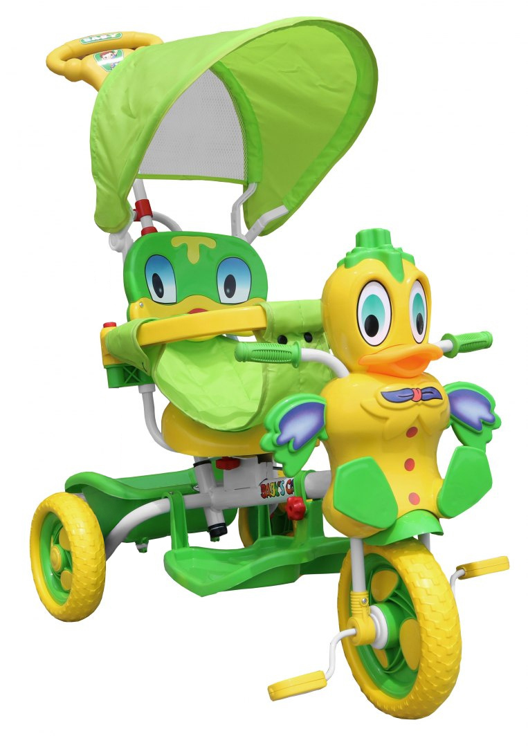 3-wheeled Green Duck Children's Bike + Sounds + Roof + Barrier + Footrest + Handle + Storage