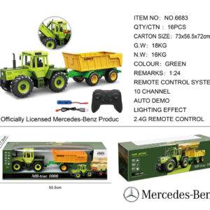 Zeleni traktor 1:24 s daljinskim upravljačem Mercedes Benz + žuta prikolica