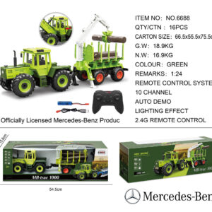 Zeleni traktor Mercedes Benz 1:24 s daljinskim upravljanjem + drvena prikolica s dizalicom