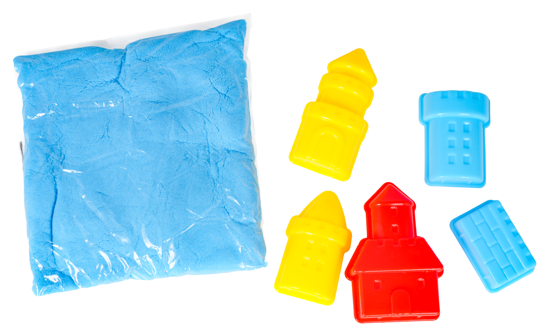 Blue kinetic sand with 5 castle-shaped moulds